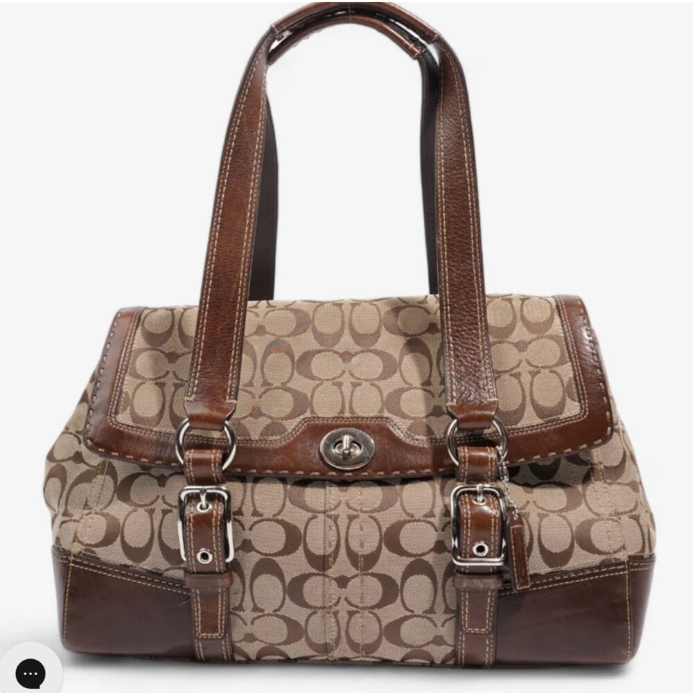 Coach Hampton Flap Satchel Brown Signature Canvas